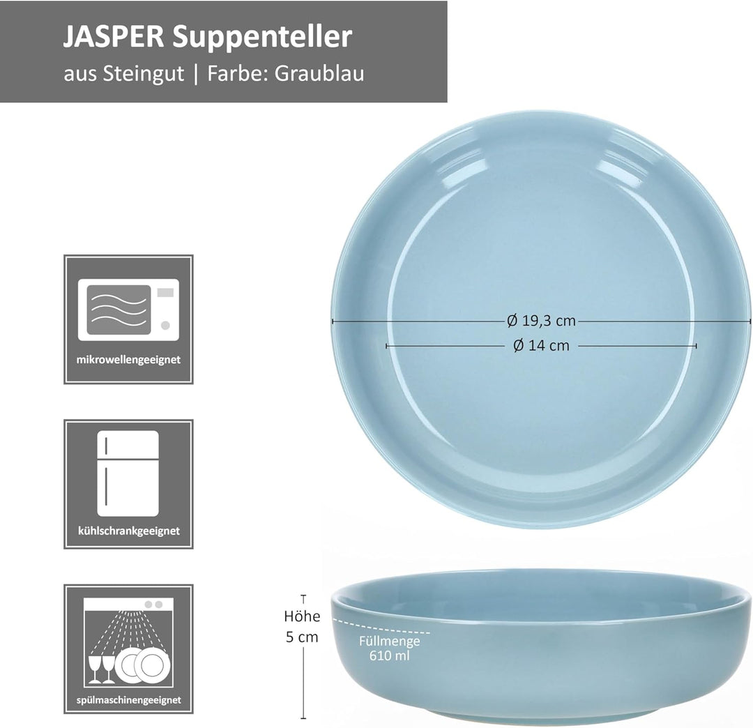 Ritzenhoff & Breker Jasper 4er Set Suppenteller Graublau I 610 ml, Ø 19,3cm I Steingutteller für 4 P