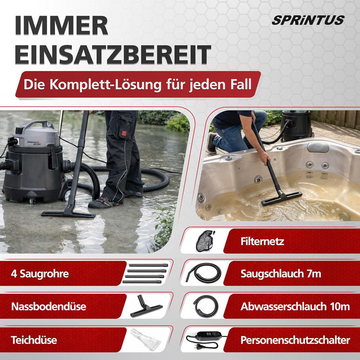 Sprintus® Pumpsauger N51/1 KPS I Leistungsstarker Nasssauger mit Abpumpfunktion &amp; 14.000L Fördervolu