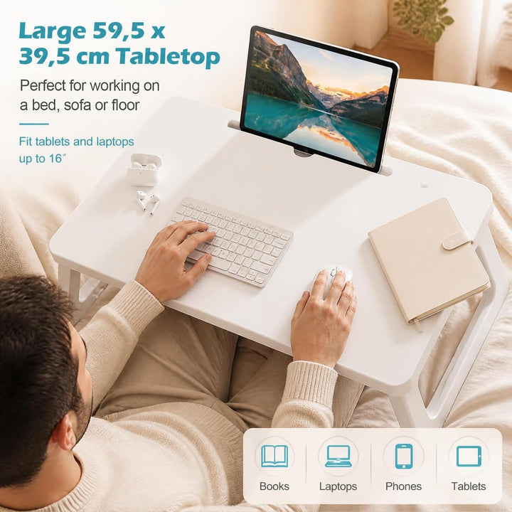 KOMFOTTEU Laptoptisch mit klappbaren Beinen &amp; Tablet-Schlitz, Weiss