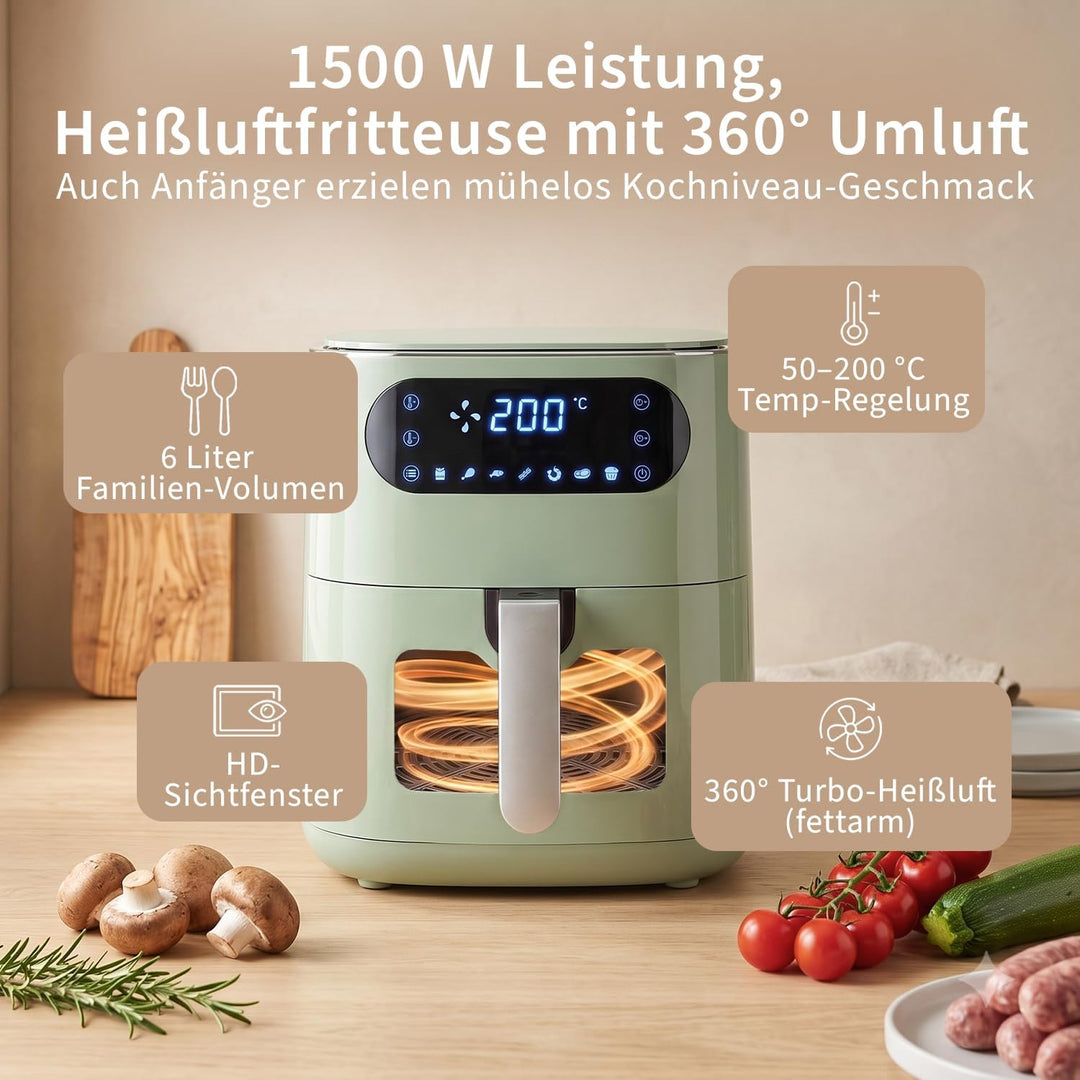 Citybee Airfryer Heissluftfritteuse 6L Sichtfenster - 7 Garprogramme 11 Funktionen Leise Heissluftfr