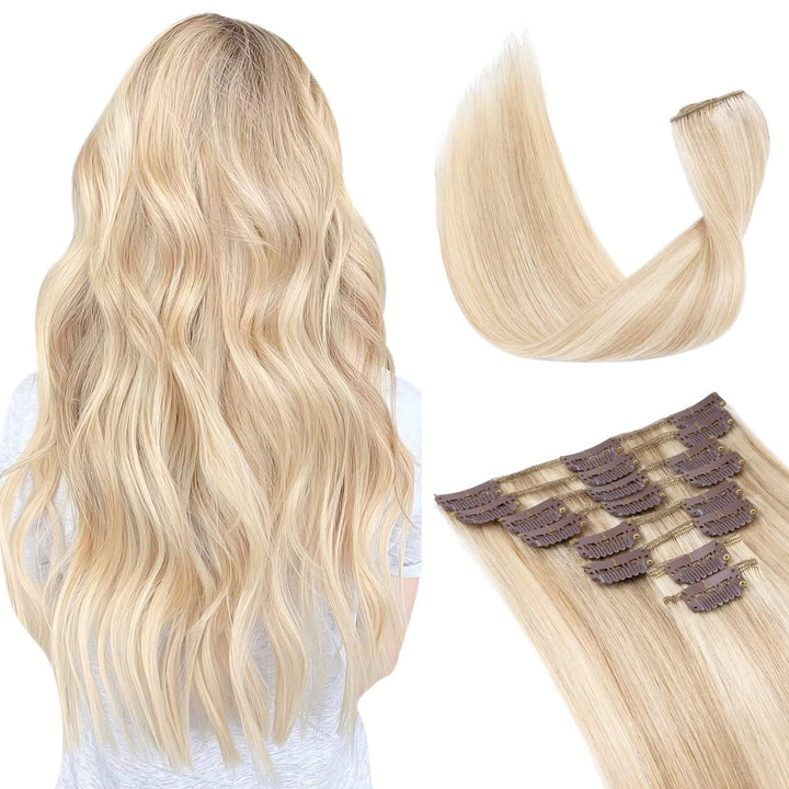 TESS Clip in Extensions Echthaar Blond, Echthaar Extensions Clip 8pcs 25 cm (50 g) Hair Extensions C