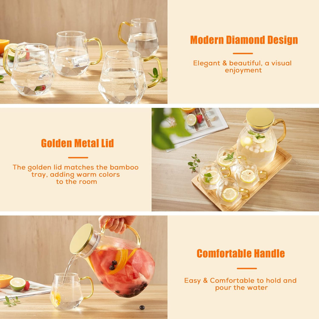 DUJUST Glaskaraffe mit Deckel 2 Liter, mit 4 Tassen, 1 Tablett, Wasserkaraffe im Modernen Schwarz Di