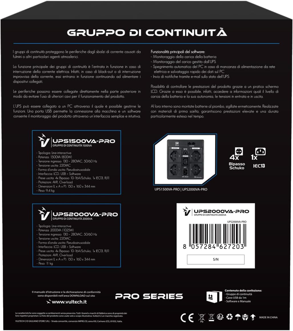 Vultech UPS2000VA-PRO Line Interactive Unterbrechungsfreie Stromversorgung mit LCD, Schwarz [Italien