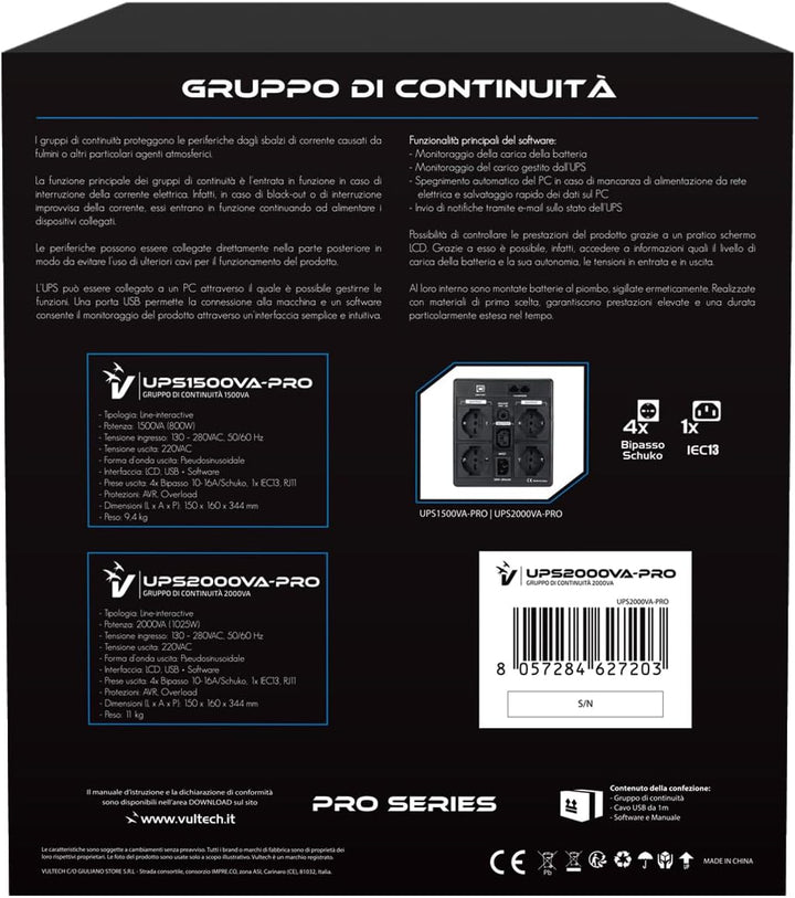 Vultech UPS2000VA-PRO Line Interactive Unterbrechungsfreie Stromversorgung mit LCD, Schwarz [Italien