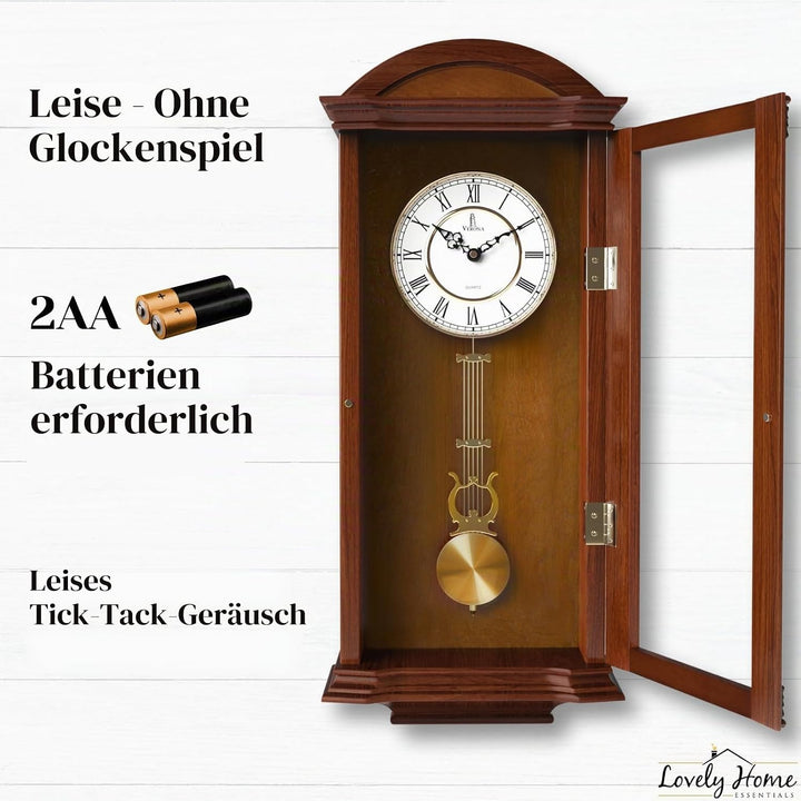 Verona Edel Holz Pendel Wanduhr mit Glas Front – Schöne und dekorative Uhr mit mittelgross braun fin