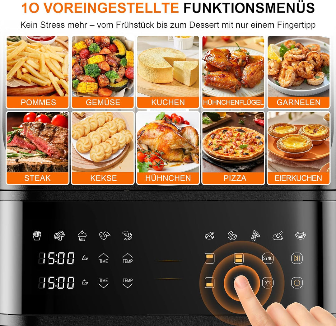 12L Air Fryer 2 Kammern,Vertikale Doppelkammer 10-in-1 Voreingestellten Programmen Heissluftfritteus