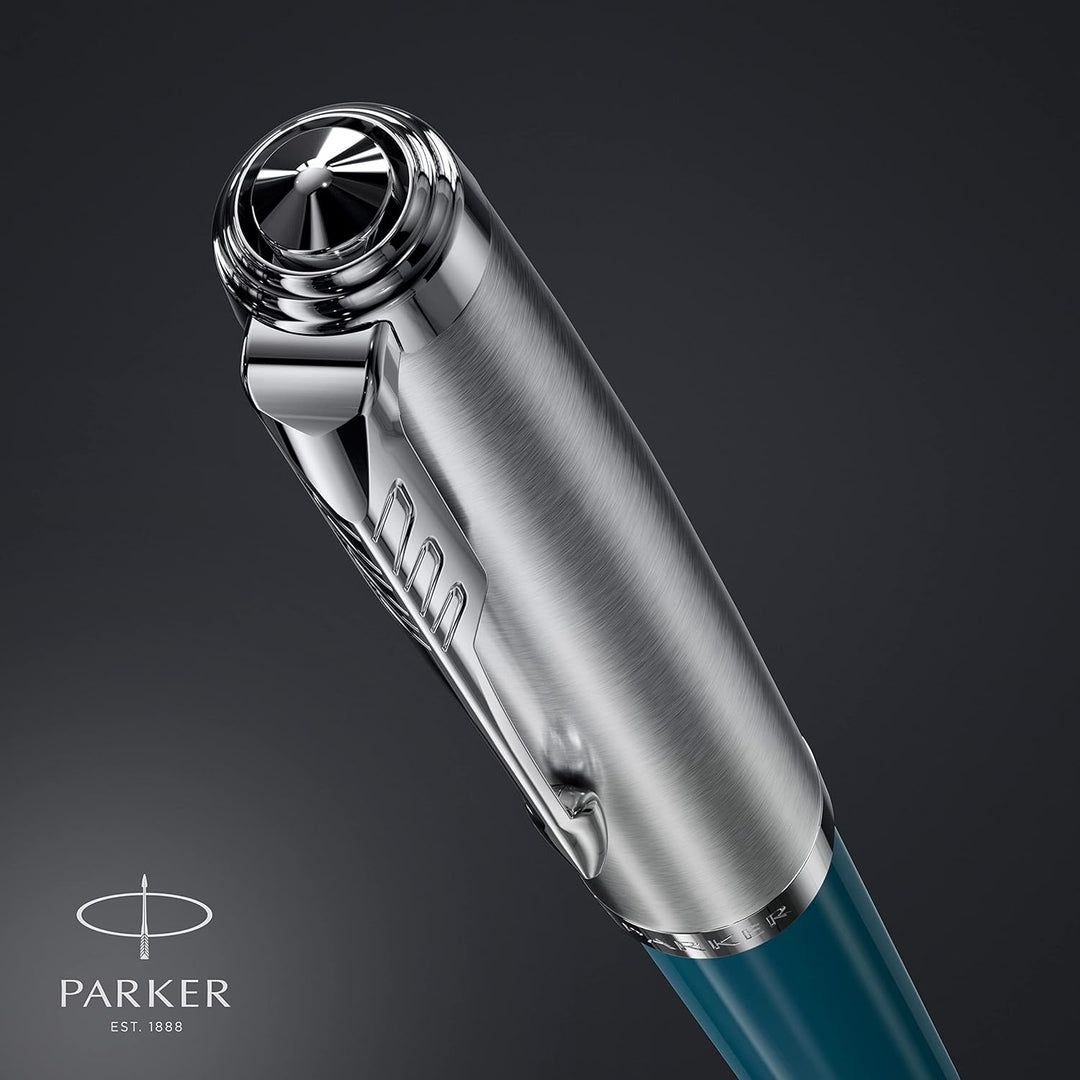 Parker 51 Kugelschreiber | Petrolblauer Schaft mit Chromfarbenen Zierteilen | Mittlere Schreibspitze
