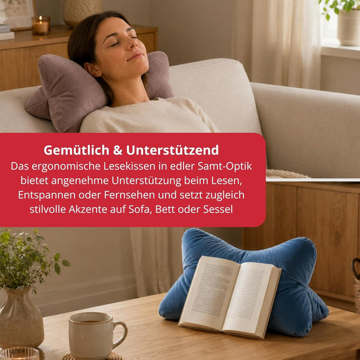 liebling Samt Lesekissen für Bett und Sofa, Bücherkissen, Lesehilfe, 40x25 cm, Leseknochen, Serie Ne