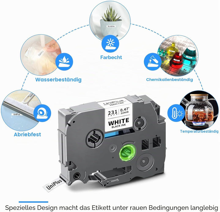 UniPlus 20x Kompatibel Tze231 TZe-231 für Brother P-touch Tz231 Tzc231 12mm Bänder Laminated Schwarz