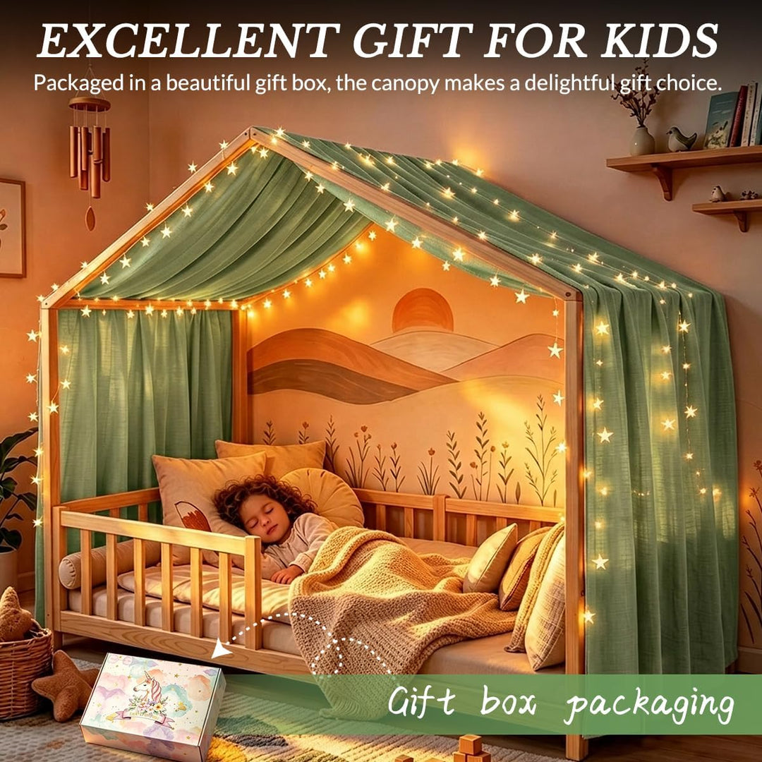 Hausbett Himmel für Kinder, 100% Baumwolle mit Bindegurt und Geschenkbox | Betthimmel Rosa oder Grün