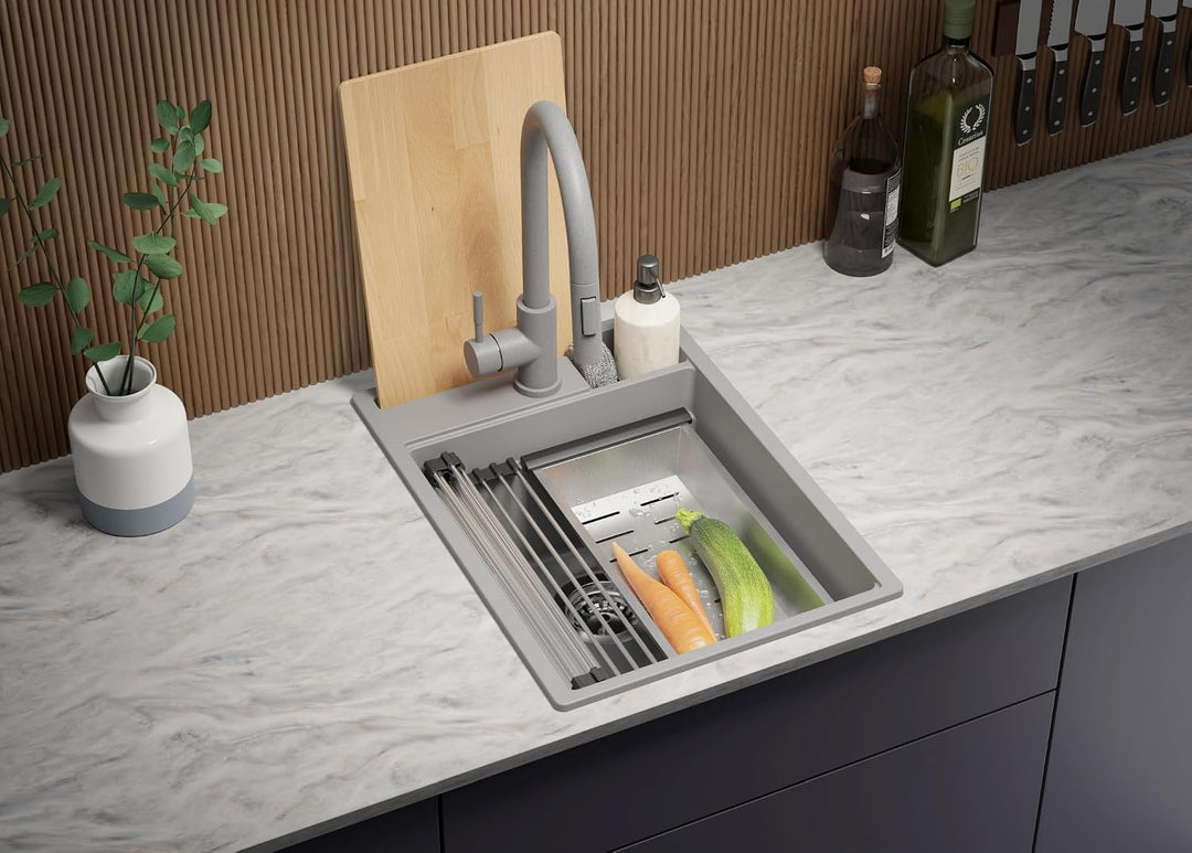 PRIMAGRAN Spülbecken Alles Weiss - Oslo Pocket, 38x53cm | Granitspüle 1 Becken + Ablauf-Set, Küchens