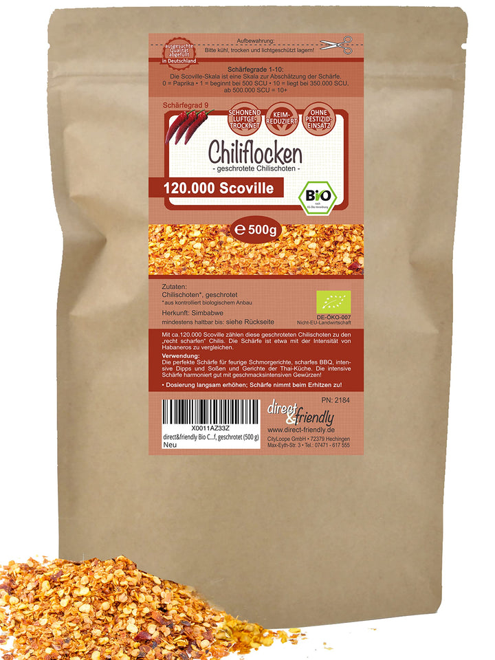 direct&amp;friendly Bio Chili getrocknet extra scharf geschrotet Chiliflocken 120.000 Scoville (500 g) 5