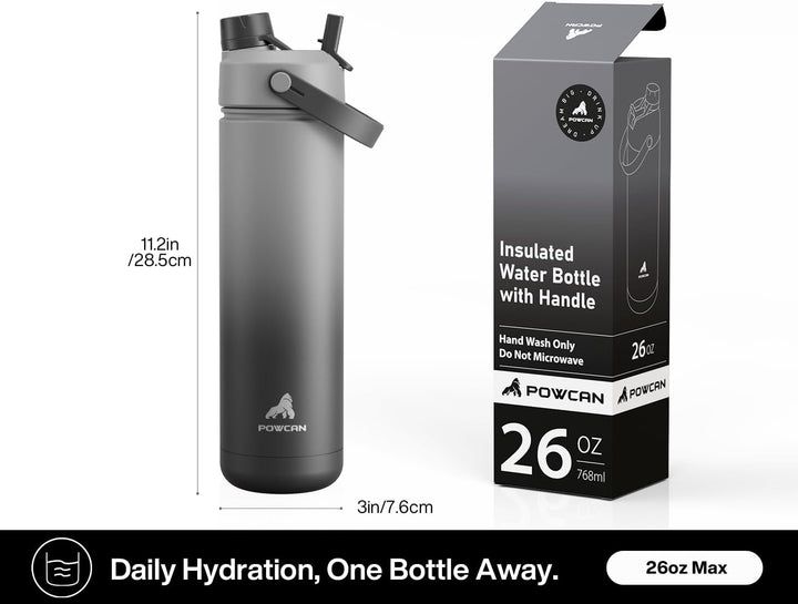 POWCAN Edelstahl Trinkflasche, Auslaufsicher, 2-in-1 Deckel, 769ml | Obsidian, Doppelwandig, 2-in-1
