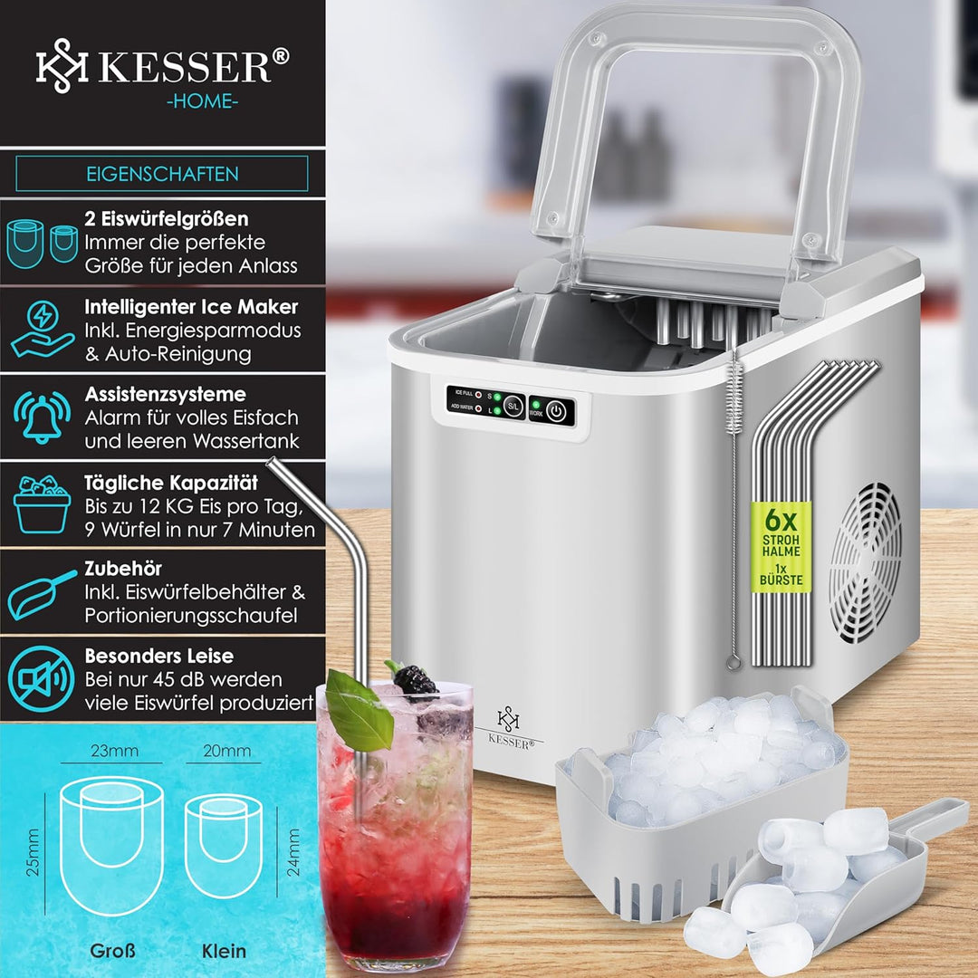 KESSER® Eiswürfelbereiter | Eiswürfelmaschine Edelstahl | Ice Maker | 12 kg 24 h | Zubereitung in 7