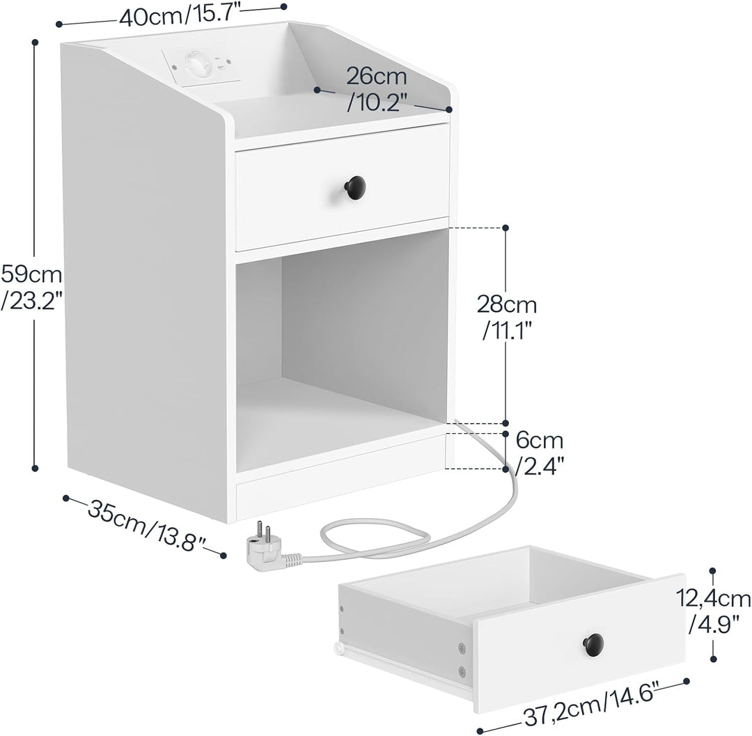 HOOBRO Nachttisch mit Ladestation und LED-Beleuchtung, schmaler Beistelltisch mit Schublade, moderne