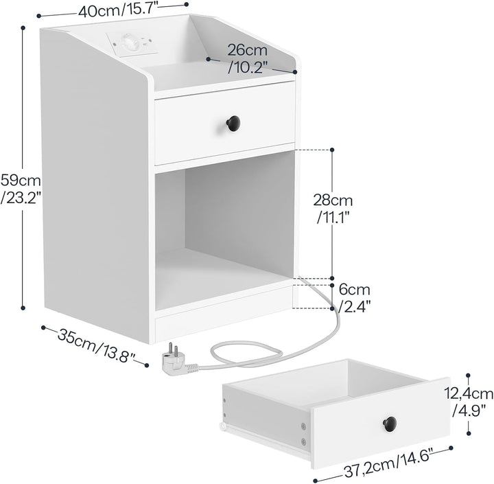 HOOBRO Nachttisch mit Ladestation und LED-Beleuchtung, schmaler Beistelltisch mit Schublade, moderne