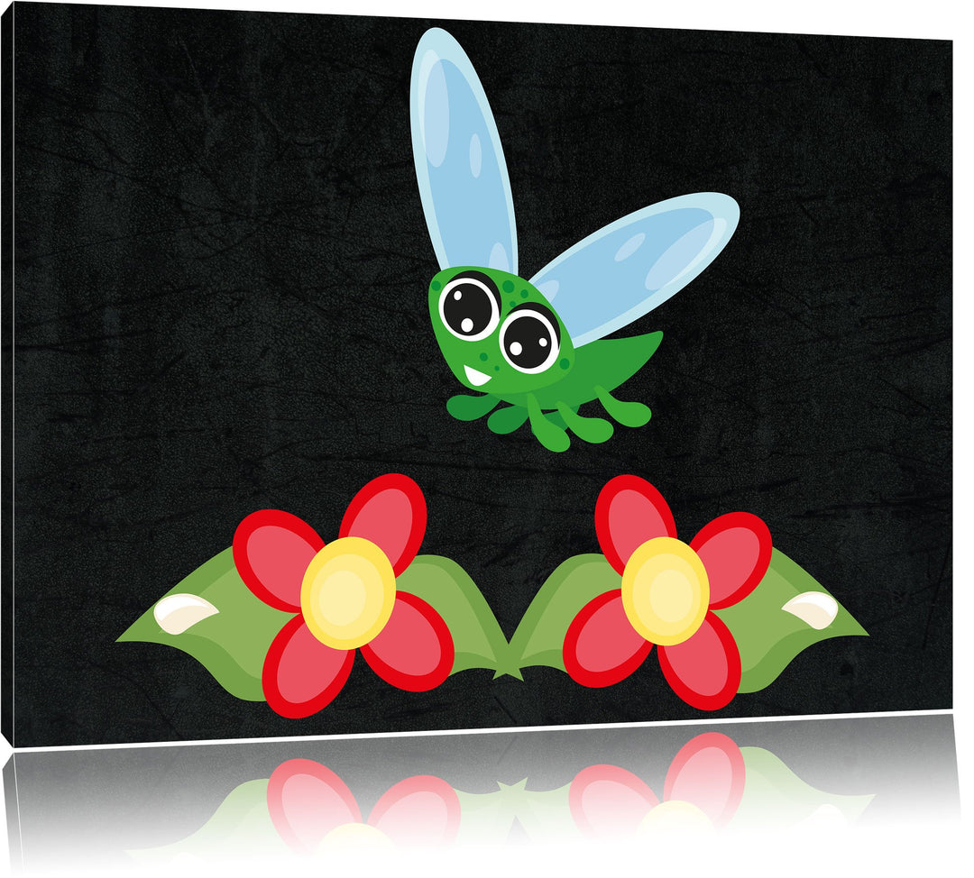 Pixxprint süsse Libelle mit Blumen als Leinwandbild/Grösse: 100x70 cm/Wandbild/Kunstdruck/fertig bes