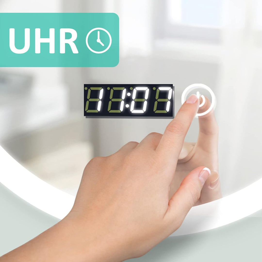 Boromal Badspiegel Rund 60x60cm Badspiegel mit Beleuchtung und Uhr LED Spiegel mit Uhr 3000K-6500K 1