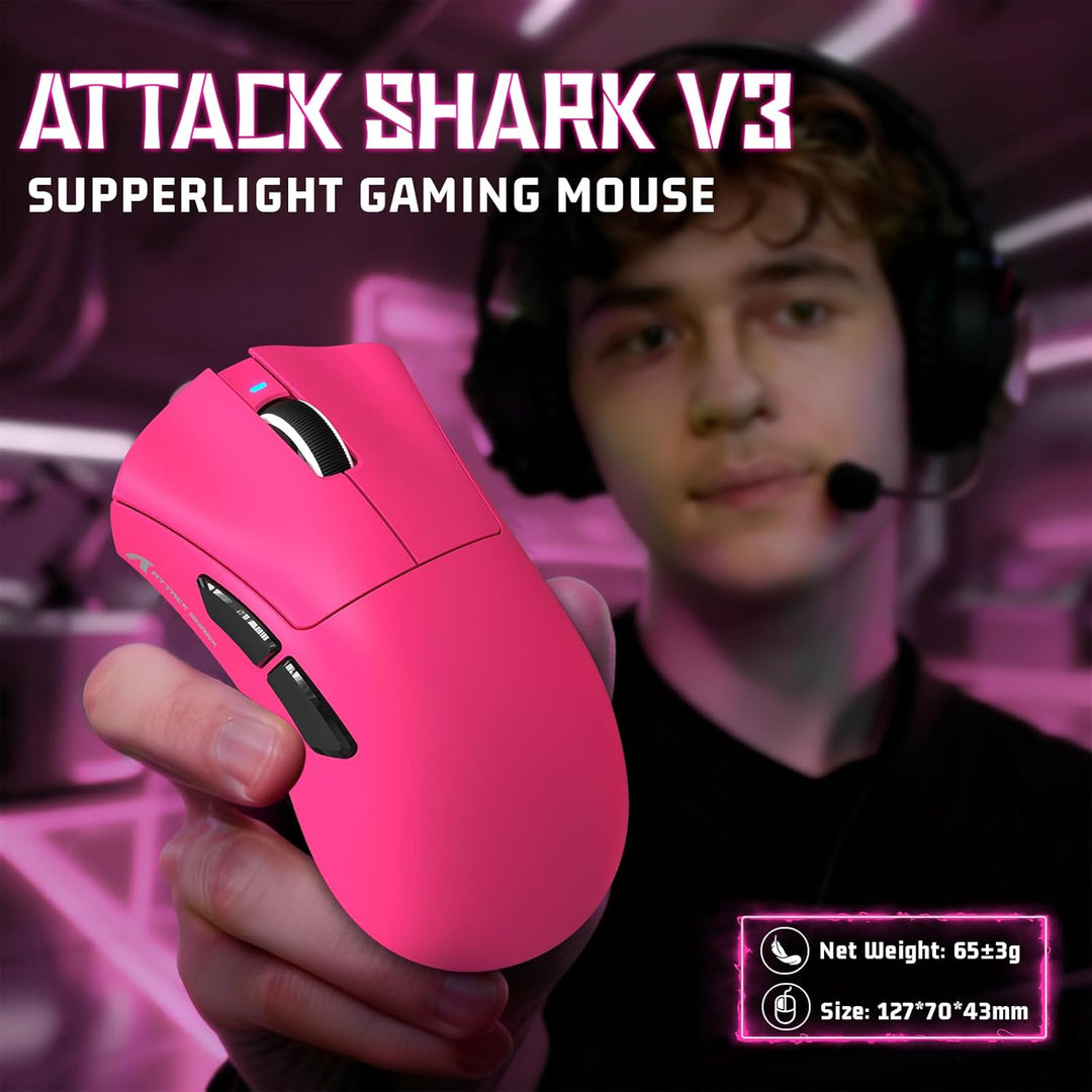 ATTACK SHARK V3 Kabellose Gaming-Maus, 65g Ultraleicht, Optischer Sensor PAW3311, 25K DPI, 1K Pollin