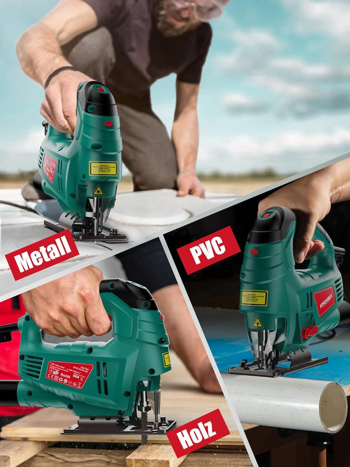 Stichsäge, 800W Max Holz Schnitttiefe 110mm, 800-3000SPM HYCHIKA Elektrische Stichsäge mit Laser, 7