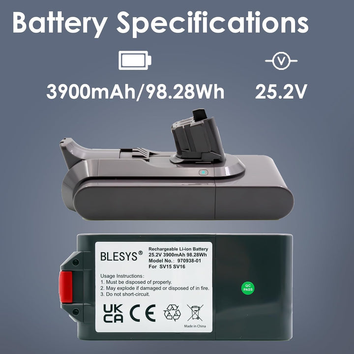 BLESYS V11 Ersatzakku 3900mAh für Dyson V11 (SV15/SV16) Staubsauger, Typ-Klicksystem Push-in-Install