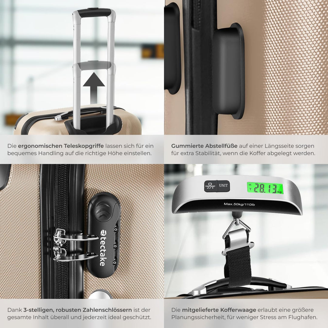 tectake® 3er Kofferset mit Kofferwaage & Kofferanhänger, Reisekoffer Set, ABS Hartschalenkoffer Set,