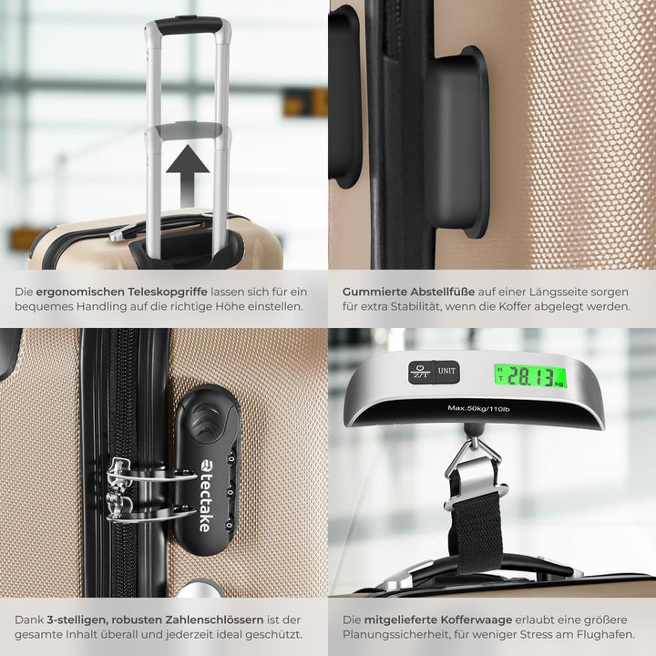 tectake® 3er Kofferset mit Kofferwaage & Kofferanhänger, Reisekoffer Set, ABS Hartschalenkoffer Set,