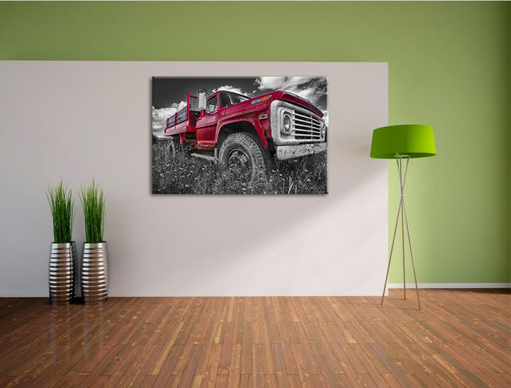 Pixxprint Truck in USA auf Blumenwiese 100x70cm Leinwandbild Wandbild Kunstdruck, 100x70