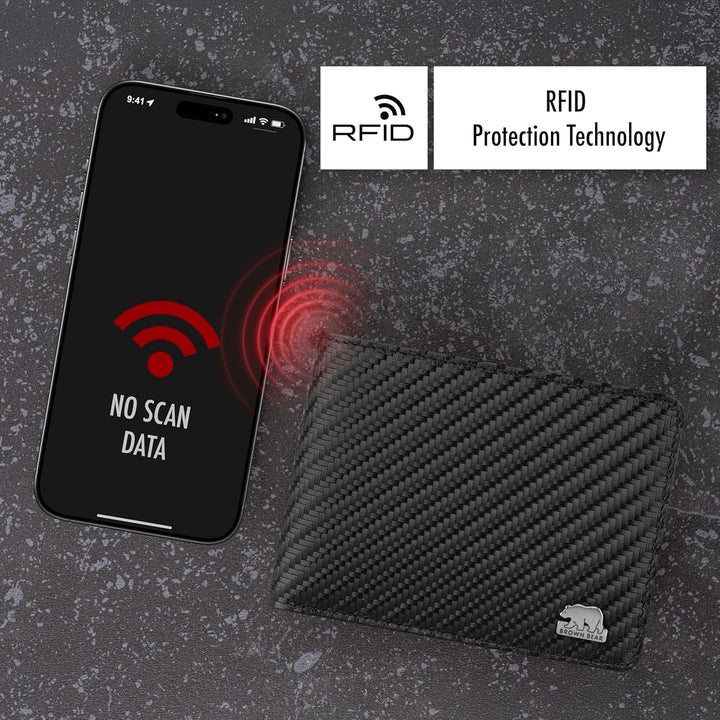 BROWN BEAR Geldbörse Herren Leder mit Münzfach gross | Schwarz Carbon | RFID-Schutz | Echtleder Port