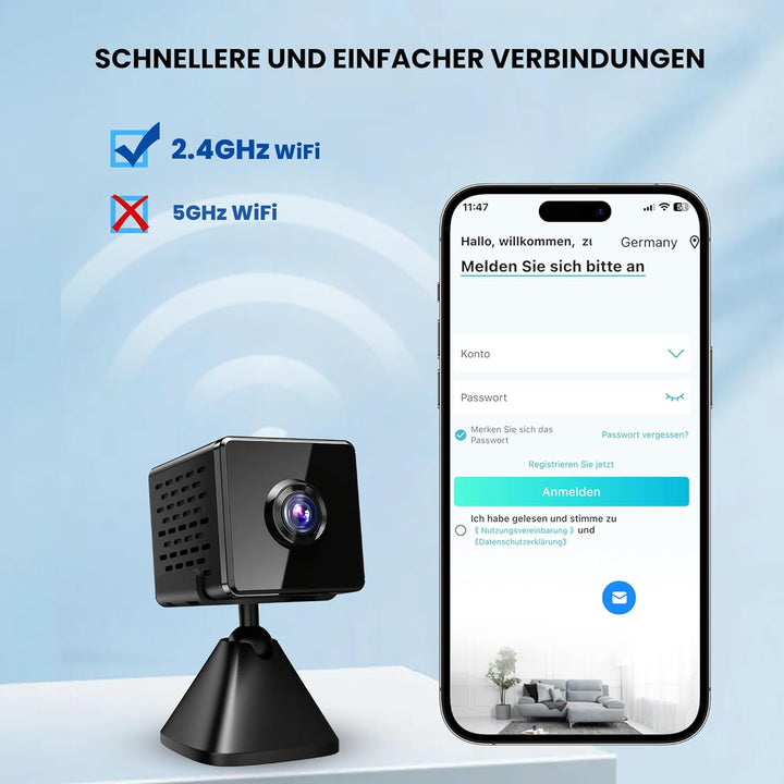 javiscam Mini Kamera inklusive Eurostecker,4K WiFi Überwachungskamera Innen Akku mit Nachtsicht, Kam