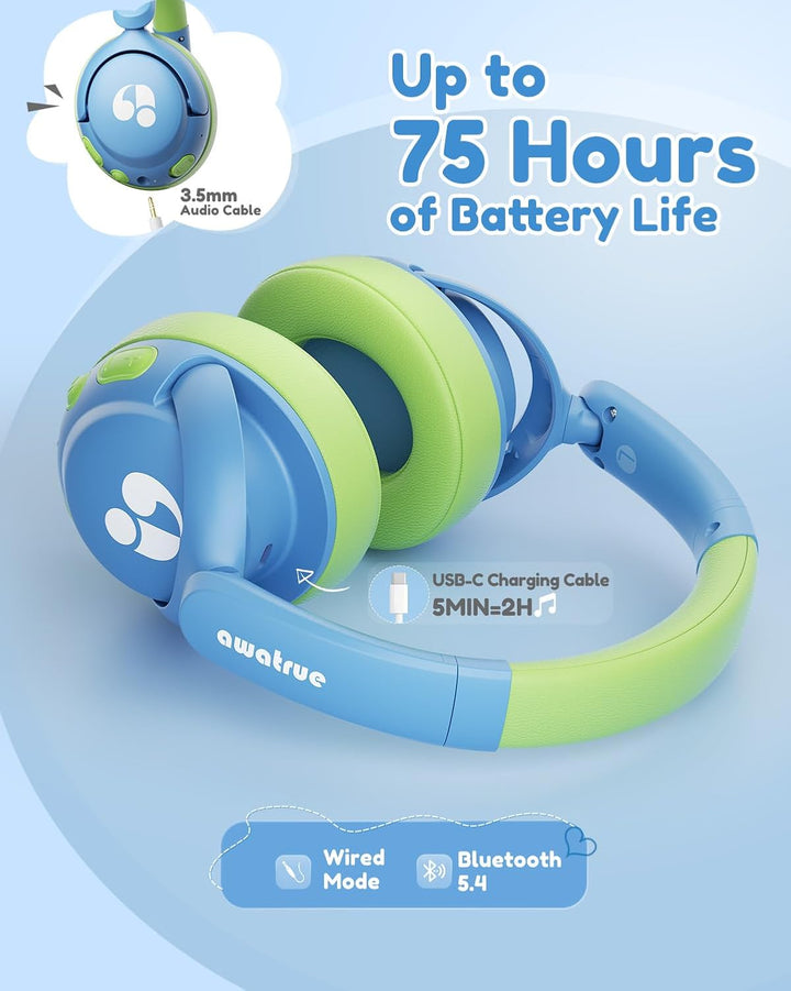 awatrue Bluetooth Kopfhörer Kinder, 85dBA Sicheres Volumen, Bluetooth 5.4, BPA Frei/CPC Zertifiziert
