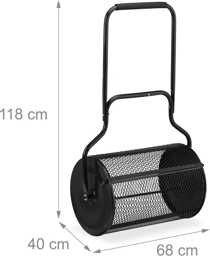 Relaxdays Kompoststreuer für Rasen, Meshkorb 75 L, Gartenstreuer mit Griff, HBT: 118x68x40 cm, Torfm