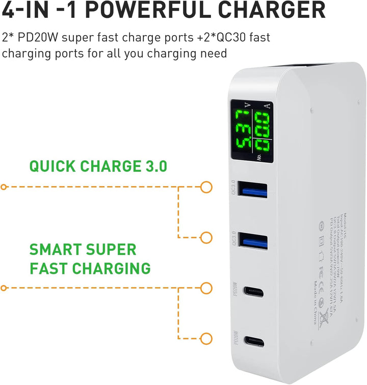 ideallife Superschnelles USB Ladegerät, 70W 12A 4-Port USB Ladestation 20W PD Ladegerät und QC3.0 Mu