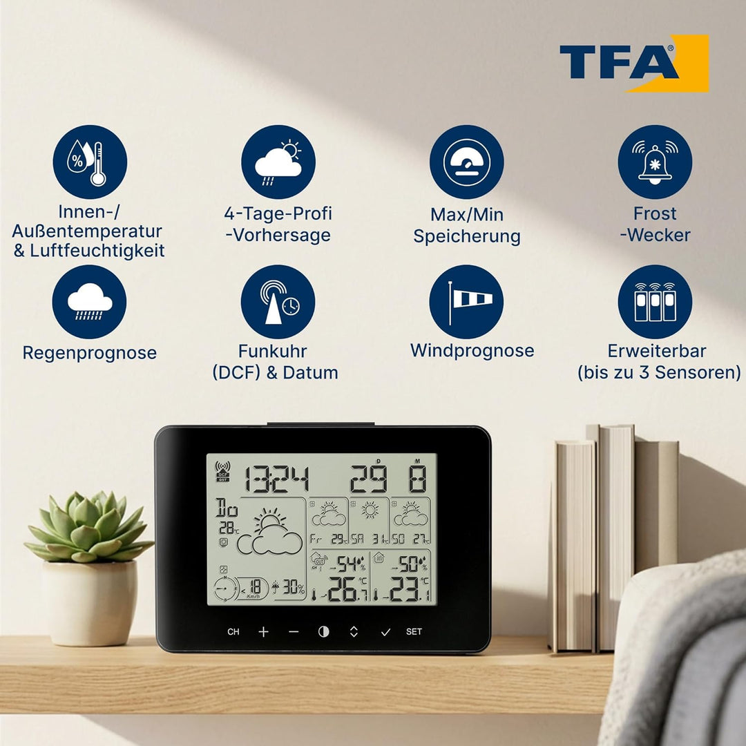 TFA Dostmann Wetter Info Center METEOTIME PRIMO, 35.1156.01, Wetterstation inkl Aussensender, für 90