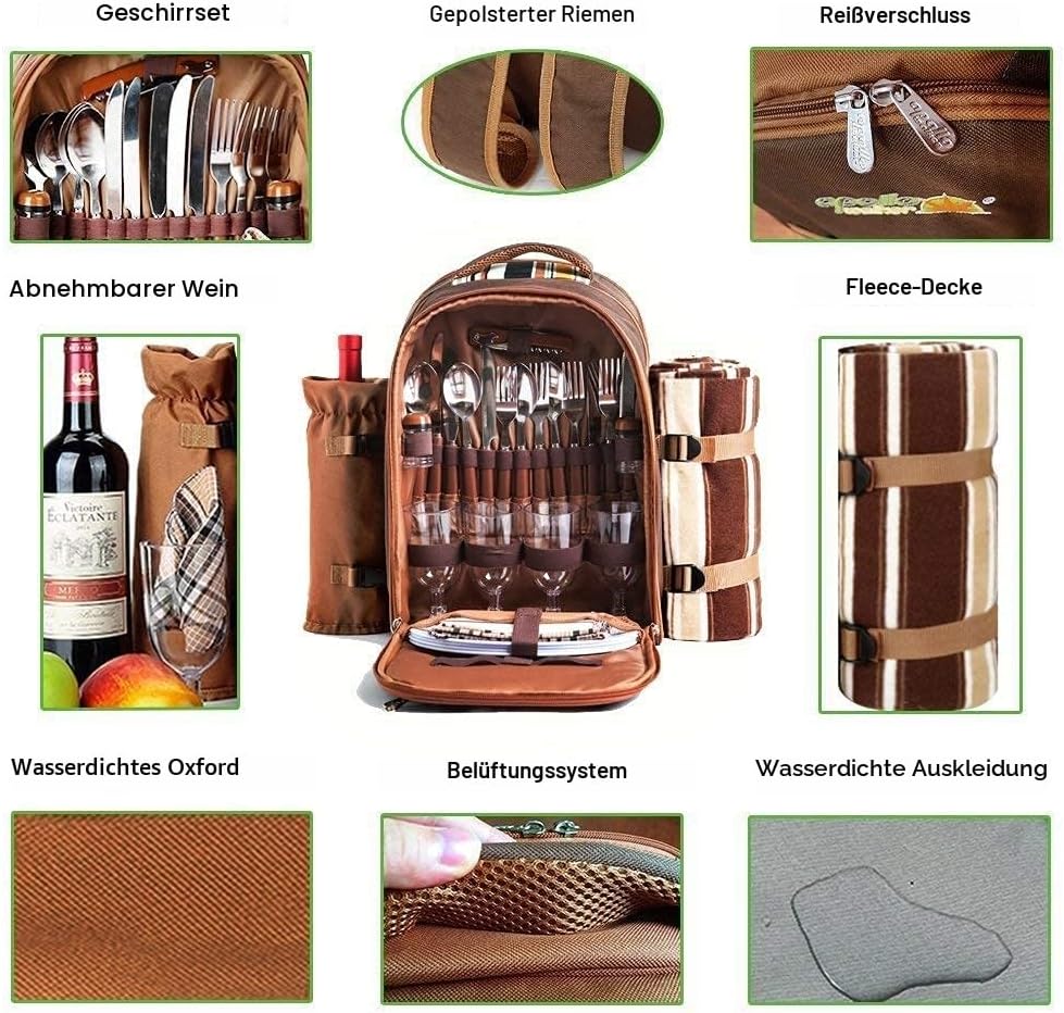 Hap Tim Picknick-Rucksack für 4 Personen mit Kühlfach, abnehmbarem Flaschen-/Weinhalter, Fleece-Deck
