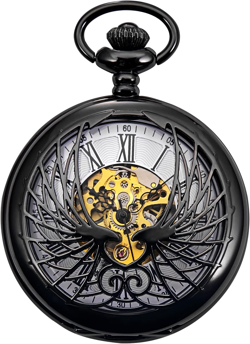 TREEWETO Unisex Taschenuhr mit Kette Analog Handaufzug Adler Skelett R?mische Ziffern Schwarz