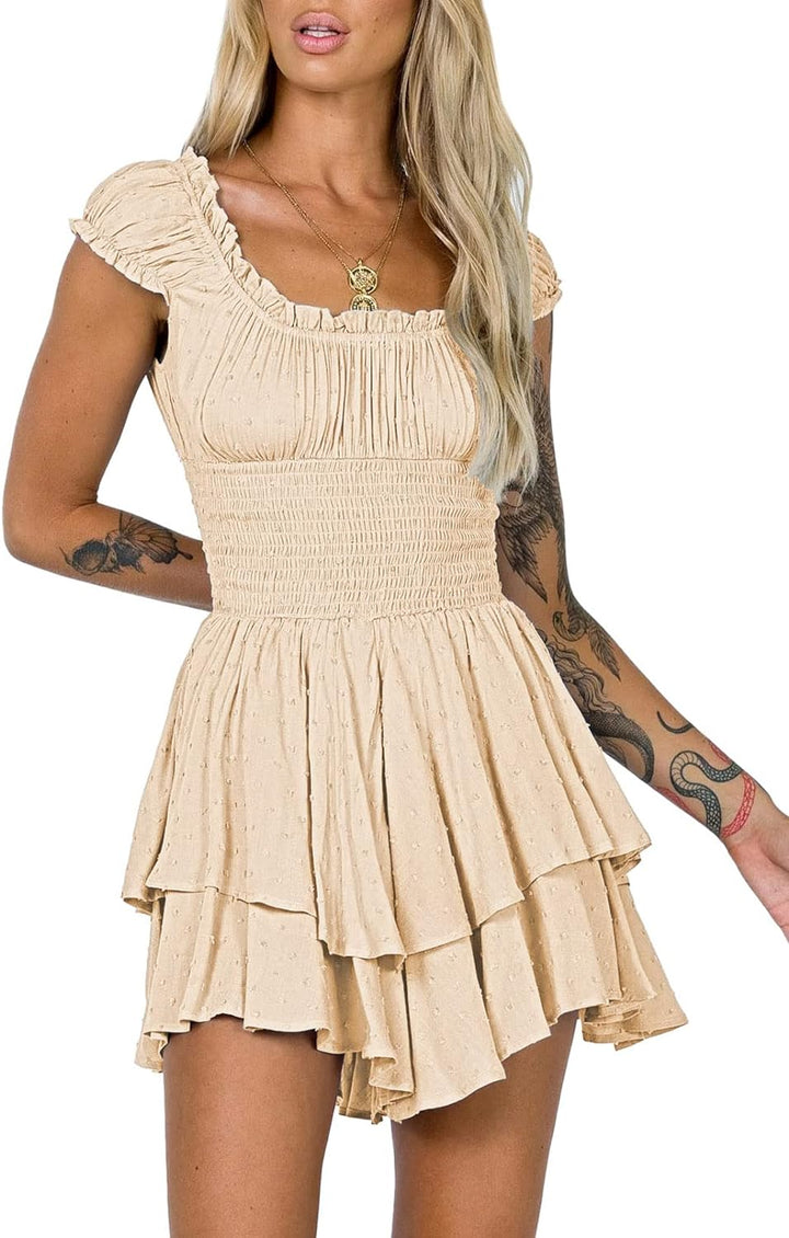Viottiset Damen Rüschen Shorts Strampler Schulterfrei Swiss Dot Sommer Overalls S Aprikose, S Apriko