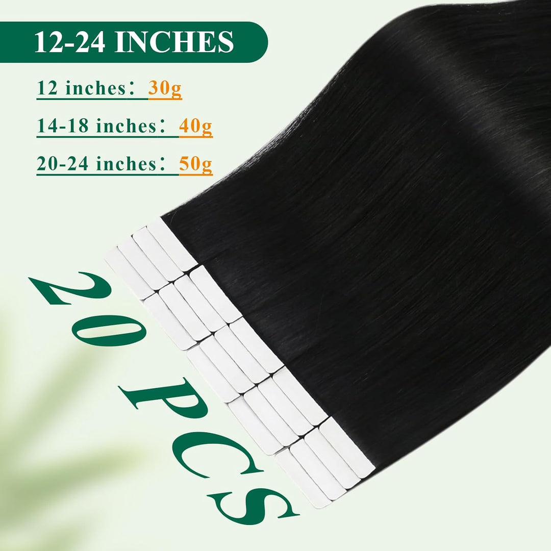 Easyouth Tape on Extensions Echthaar Haar Extensions Tape Echthaar Farbe Pechschwarz 12 Zoll 30g Tap