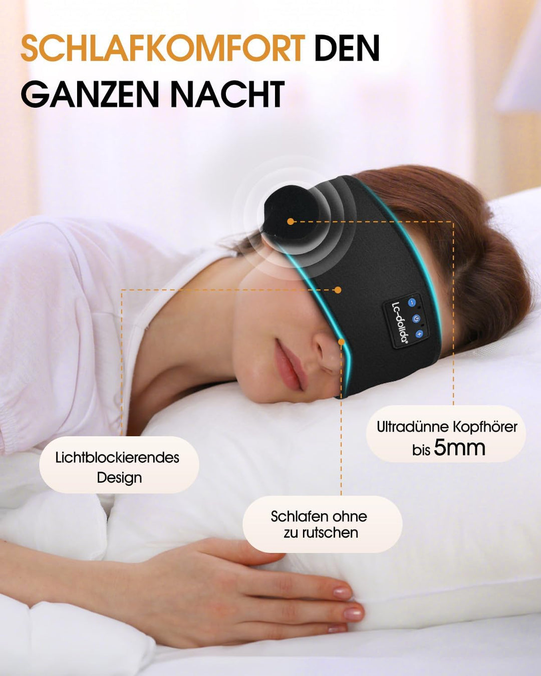 LC-dolida Schlafkopfhörer Bluetooth 5.4, Schlaf Kopfhörer Seitenschläfer Stirnband Kopfhörer Headban