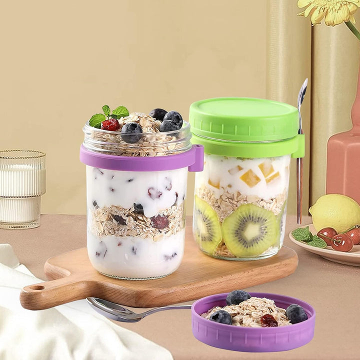4 Einmachgläser, Overnight Oats Gläser mit Deckel und Löffel, Einweckgläser für Marmelade, Haferfloc