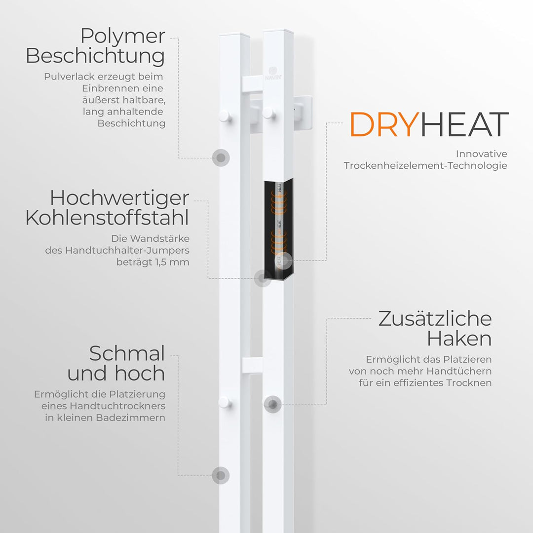 NAVIN Elektrischer Handtuchtrockner Silouette Quadro 90x1200 mit Sensorsteuerung - Weiss aus hochwer