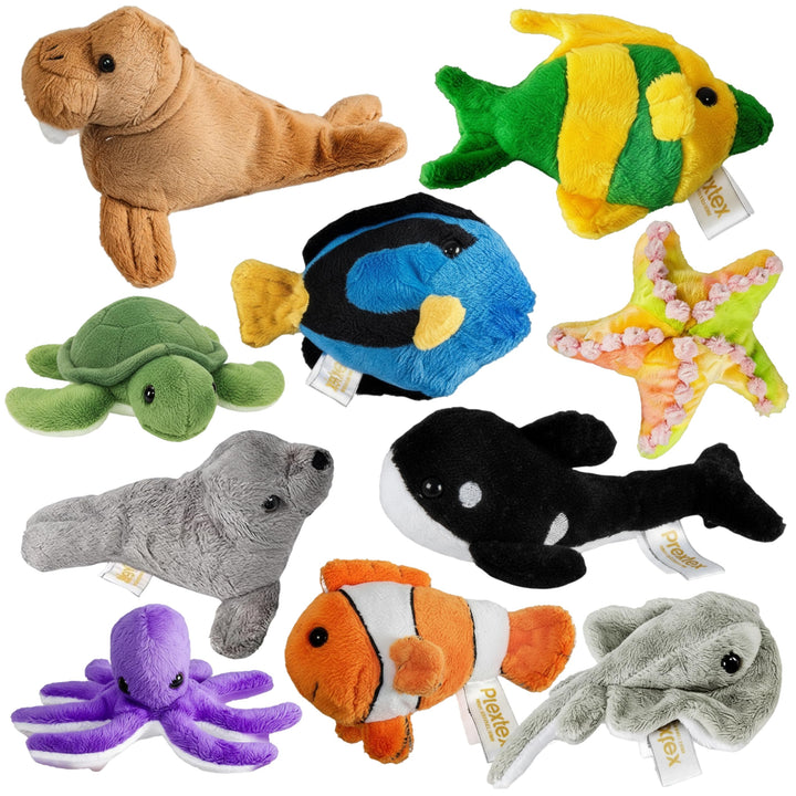 PREXTEX 10 Piece Plush Soft Stuffed Sea Animals Playset Plush Sea Life Assortment, Turtle, Stingray,