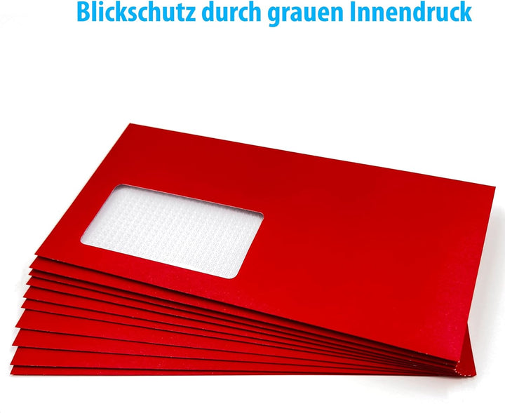 100 Fensterumschläge, Cadmium, Rot, Dunkelrot, DIN lang = 220 x 110 mm, Haftklebestreifen, Kuverts m