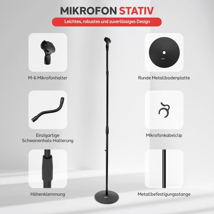 Pyle Mikrofonständer mit Schwanenhals & Rundfuss – Höhenverstellbares Mikrofonstativ 80–152 cm mit 5