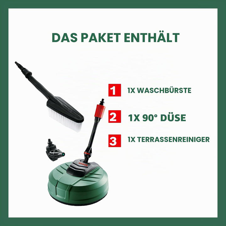 Bosch Hochdruckreiniger Haus- und Auto-Reinigungsset (mit Terrassenreiniger, Waschbürste und 90°-Düs