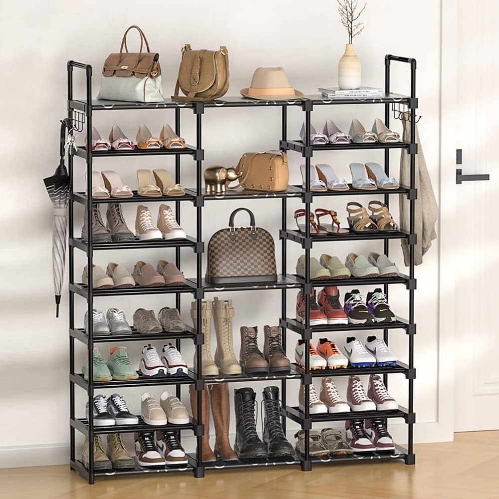 Schuhregal mit 9 Etagen, DIY, aus Metall, 50 – 55 Paar Schuhaufbewahrung, mit Haken für Wohnzimmer,