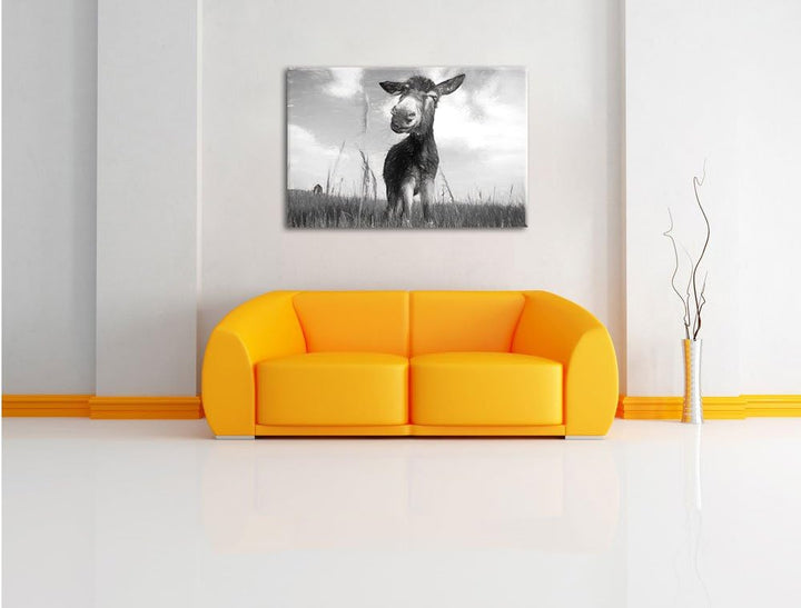 Pixxprint Esel im Feld als Leinwandbild/Grösse: 100x70 / Wandbild/Kunstdruck/fertig bespannt, 100x70