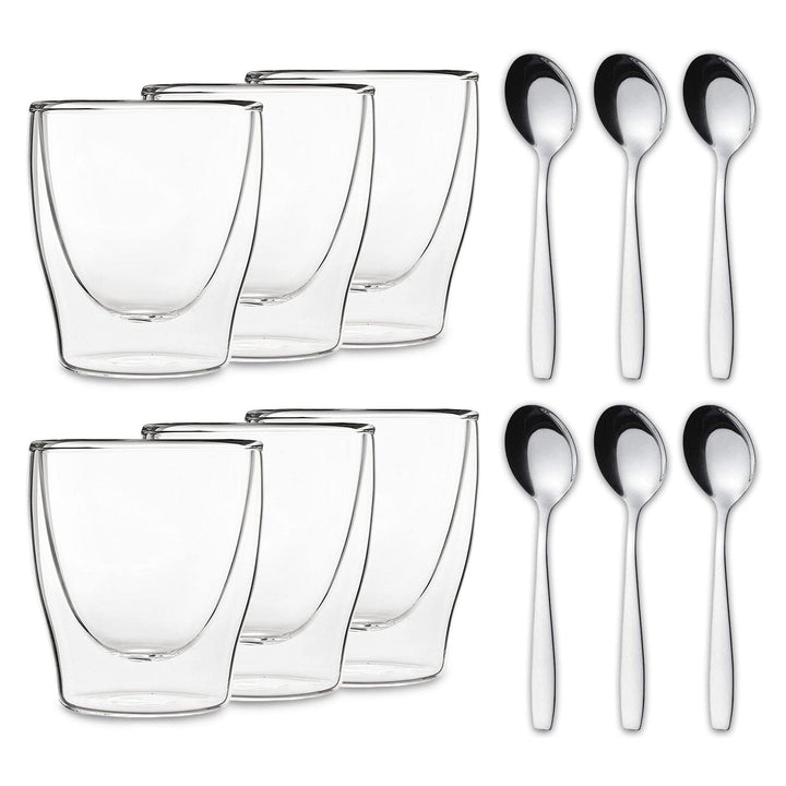 DUOS® Latte Macchiato Gläser Doppelwandig 6x 200ml + 6x Löffel, Doppelwandige Gläser, Cappuccino Tas