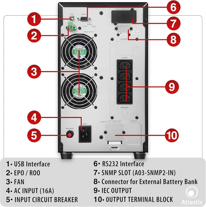 Atlantis A03-OP3002P PRO UPS OnLine USV-Server Doppelwandlung Reine Sinuswelle 3000 VA 2700 W, Tower