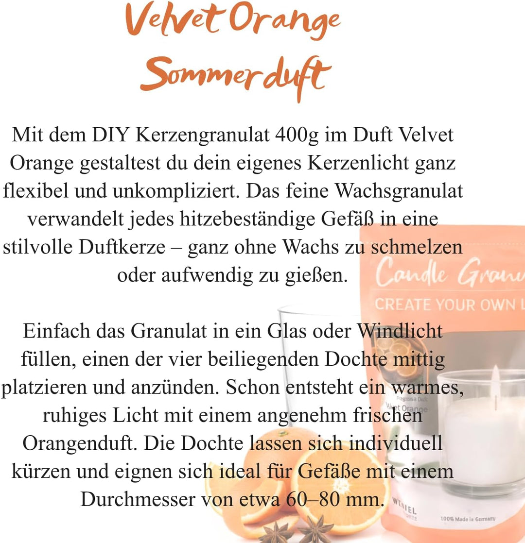 Kerzensand Velvet Orange, Sommerduft, 400 g Kerzengranulat zum Selbermachen, DIY Kerzenset Candle Gr